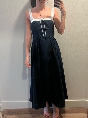 Classic Navy Blue White Square-Neck Midi Ruffle Flowy Bodycon Dress